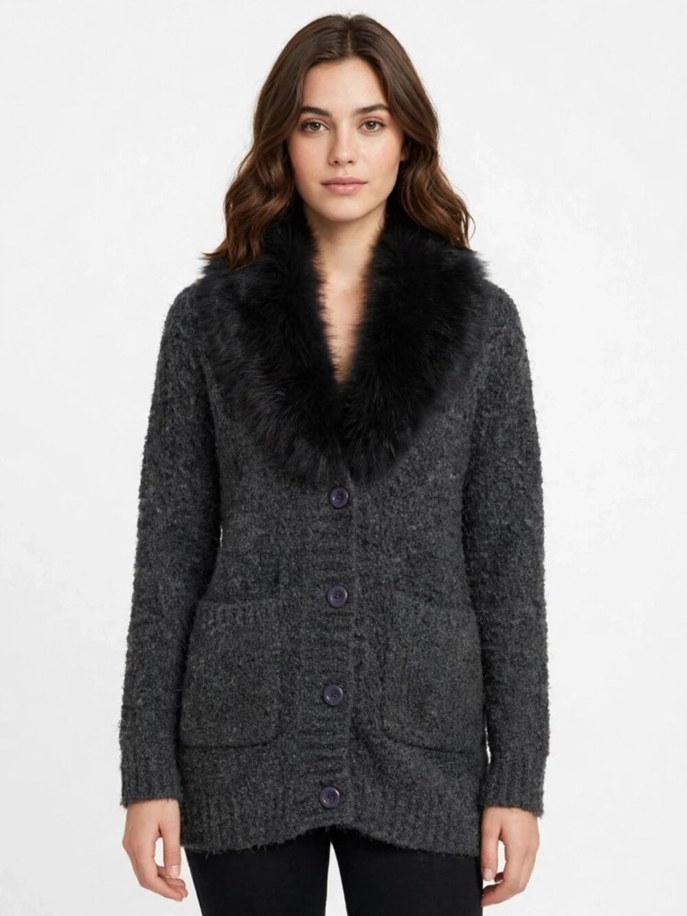 Jessica Wilde Chunky Knit Coat Cardigan Fox Fur Collar Leather Elbow Patches M